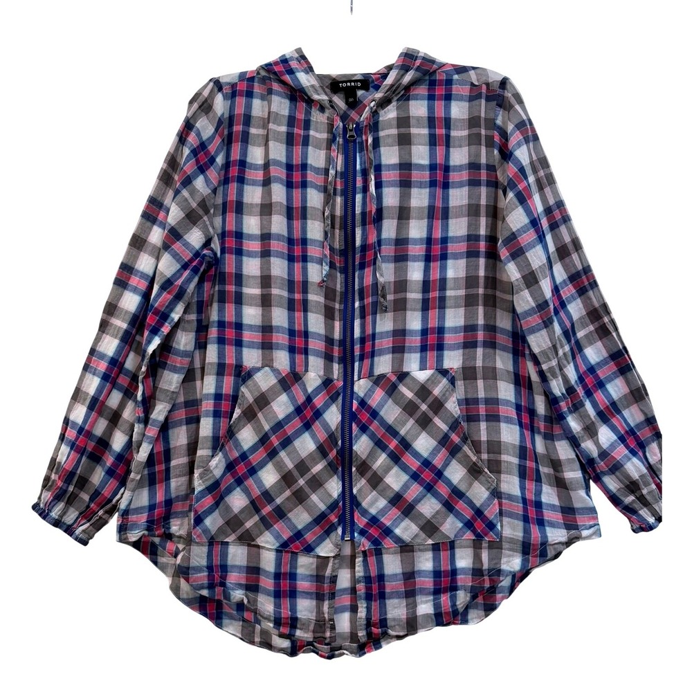 Torrid Women's Plaid Cotton Gauze Full Zip Hoodie Pink Blue Size 00